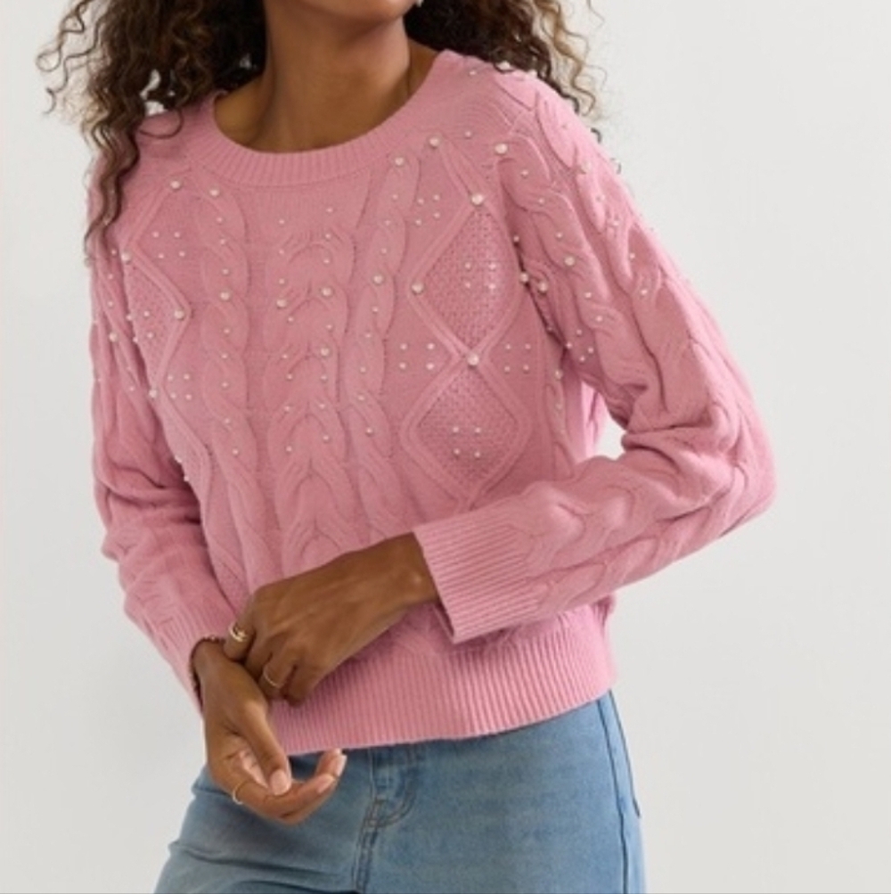 NWT Pink Pearl Embellished Boxy Fit Crewneck Knit Sweater by Francesca's.